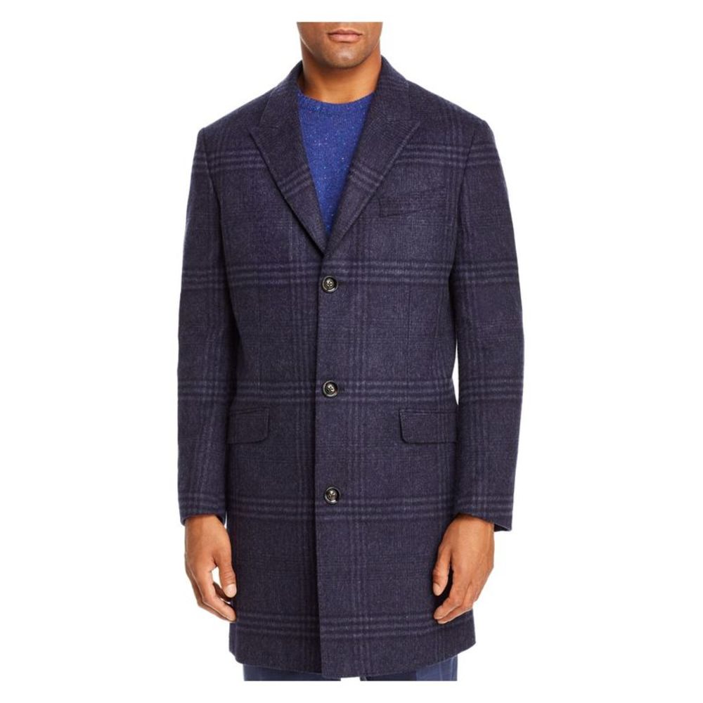 ROBERT GRAHAM Mens Navy Single Breasted, Plaid Top Coat 38R